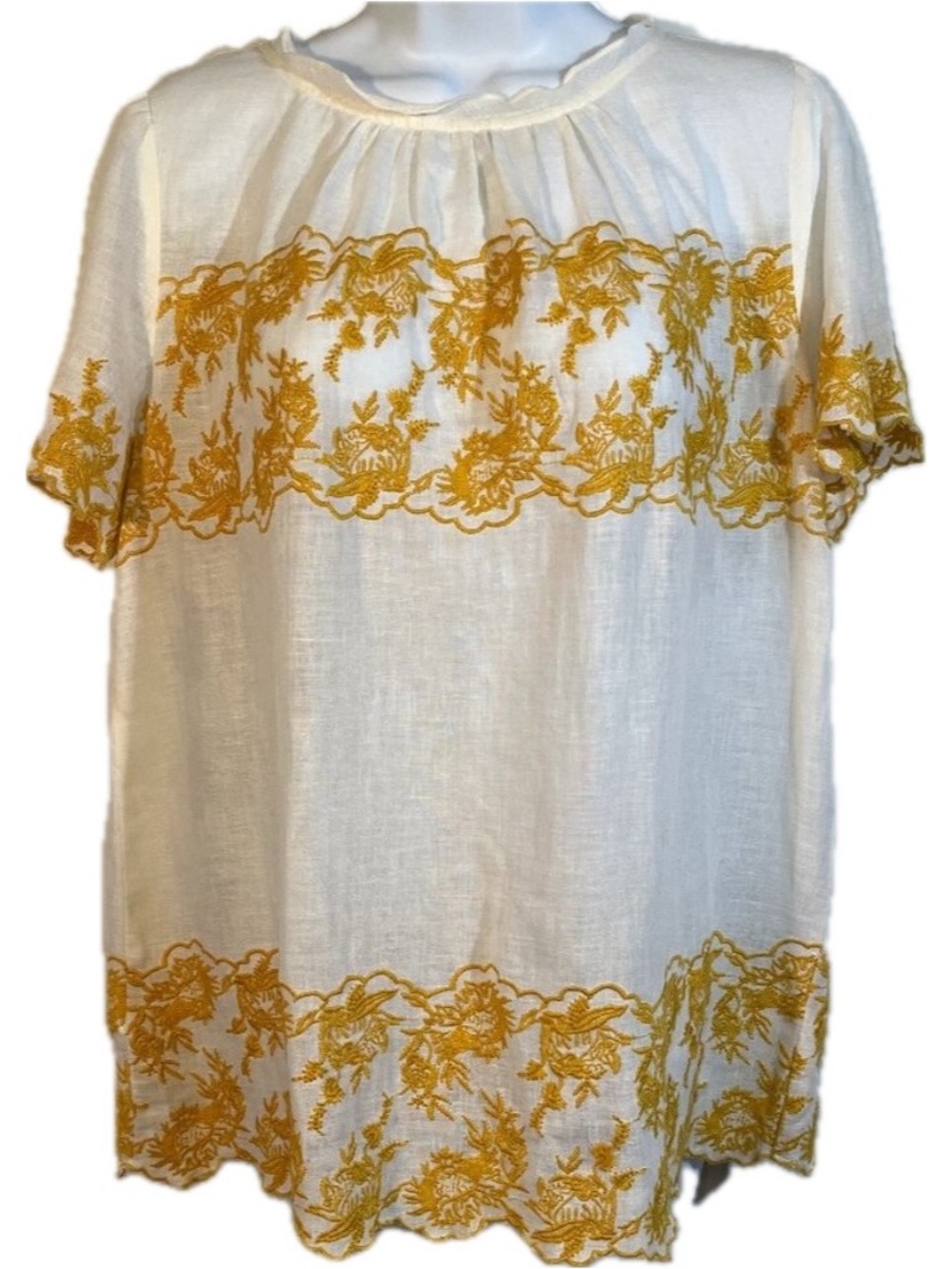 LOFT white gold floral embriodery scallop hem linen cotton top S